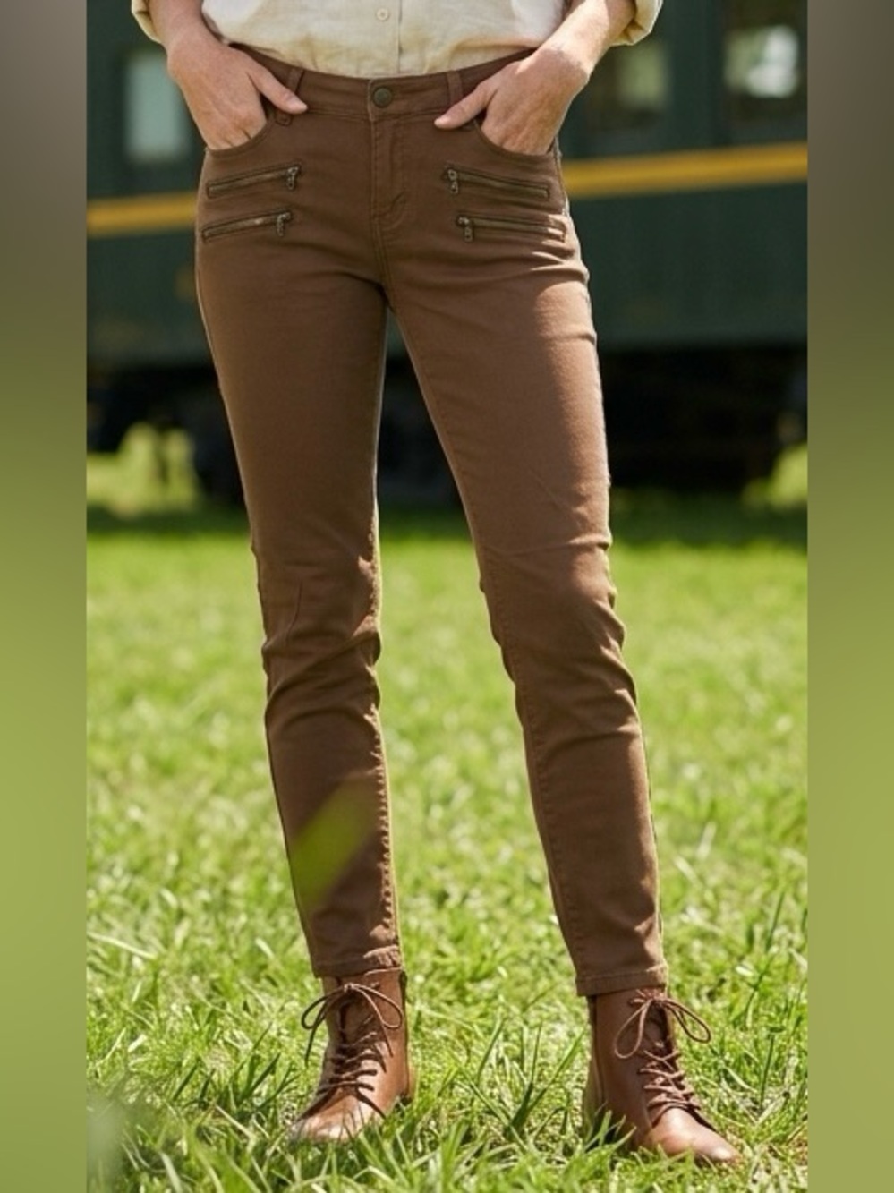 2 for $25 Pants Style & Co Skinny Leg Denim Jeans Zippers Brown Size 12 GUC